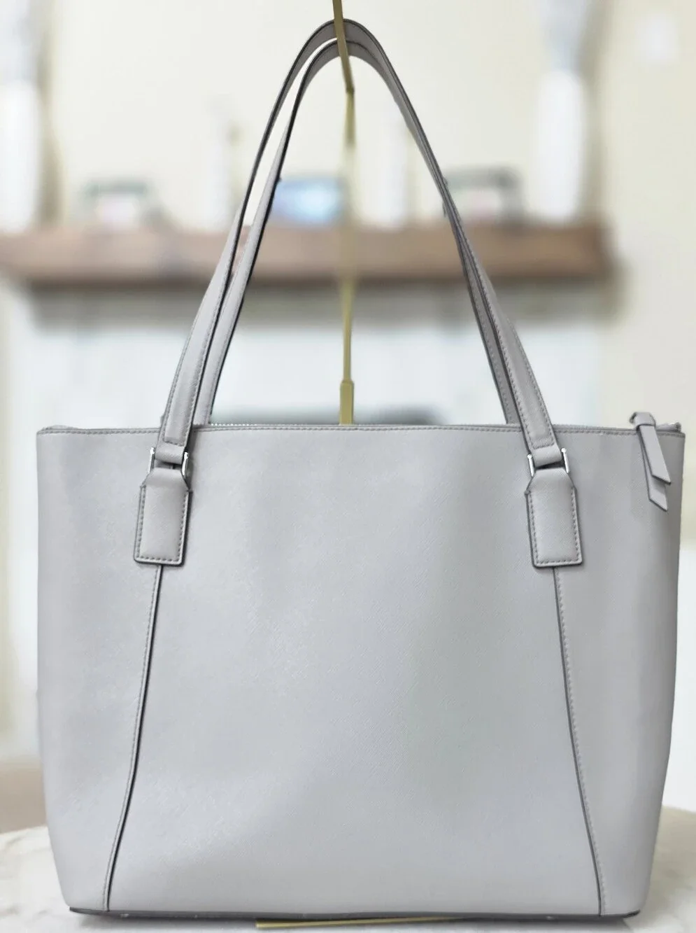 Kate Spade Cameron Pocket Tote Gray Saffiano Leather Handbag Purse.